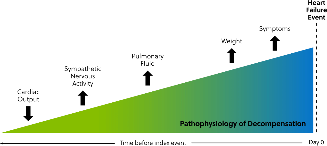 Graph displaying indicators of heart failure decompensation before an index heart failure event, displaying that pulmonary fluid occurs before weight and symptoms