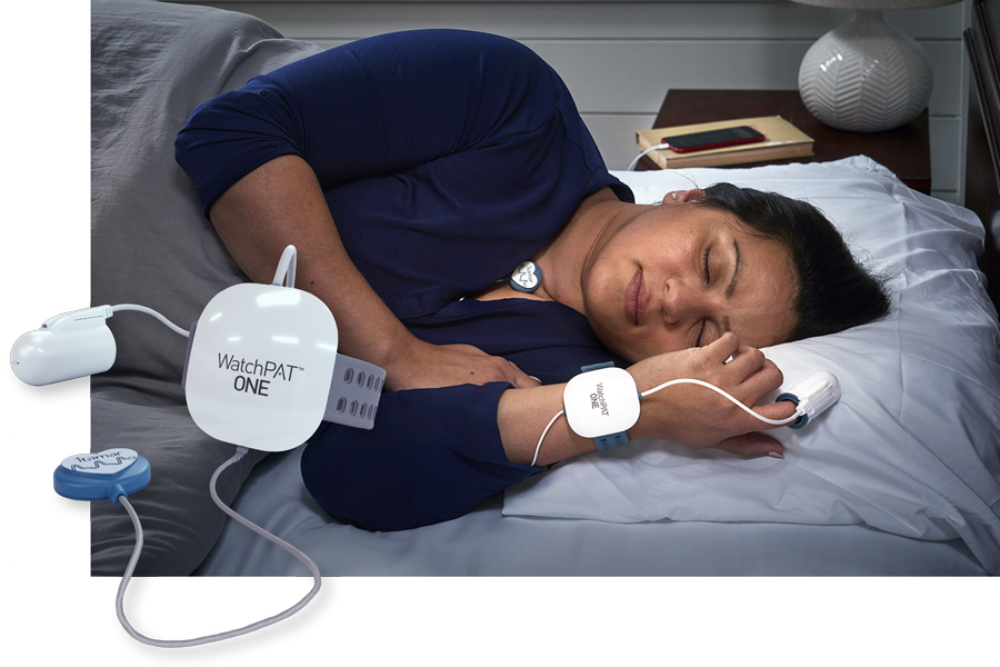 WatchPAT Home Sleep Apnea Test patient sleeping and device image