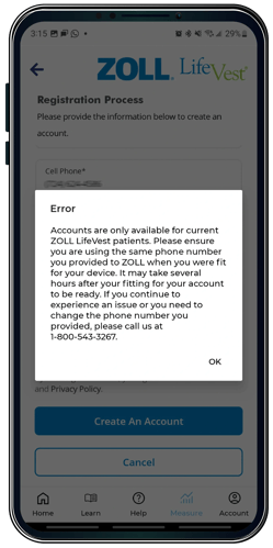 ZOLL LifeVest Patient App error message screen.