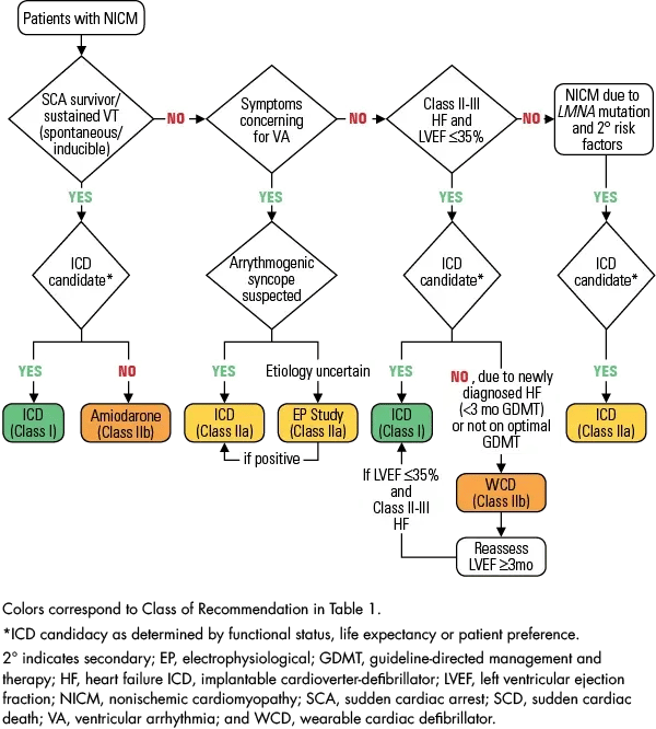 Guideline Recommendations Chart for Preventing SCD in patients with Nonischemic Cardiomyopathy