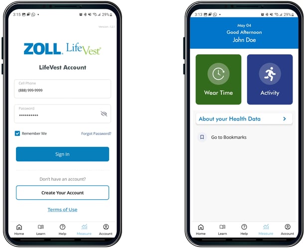 ZOLL LifeVest Patient App login screen and measure screen with wear time and activity icons.