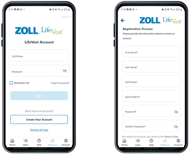 ZOLL LifeVest Patient App login and registration screen.